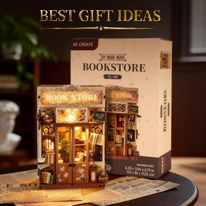 DIY Book Nook Kit, Art Book Store Miniature House Kit with Stepless Dimming - Image 5