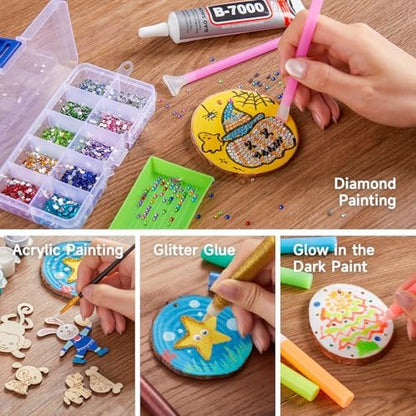 Kids Wood Painting Craft Kit, Glow-in-the-Dark Paint and Diamond Painting on Wood Slices with Stickers & Wiggle Eyes, Ideal Arts and Crafts for Kids Ages 5-12, Gifts for Halloween, Christmas, Birthday - Image 6