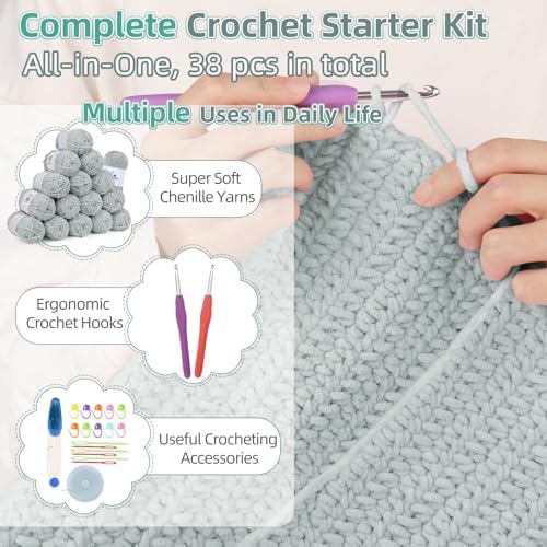 Aeelike Crochet Blanket Kit for Beginners, Easy Soft Crochet Kit, Grey - Image 5