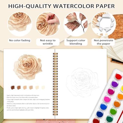 Bohe Flowers Watercolor Workbook, Water Coloring Book, 12 Patterns, 18 Colors Watercolor Paint Set, Boho Floral Watercolor Kit for Beginners, Stress Relief Gifts for Women - Image 3