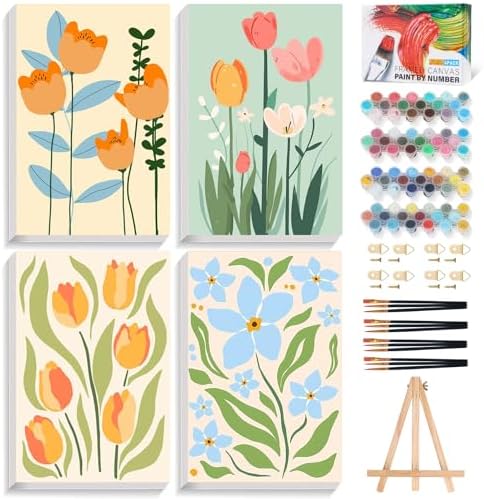 4 Pack Framed Paint by Numbers Kit for Adults Flowers with Wooden Easel by Fountor