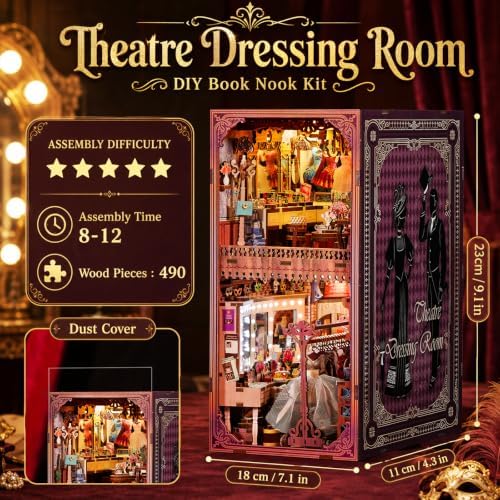 fifijoy Book Nook Kit - Theatre Dressing Room DIY Miniature House with LED Light, 3D Wooden Puzzle Book Nook Bookshelf Decor, Unique Gift for Family and Friends (with White Light) - Image 4