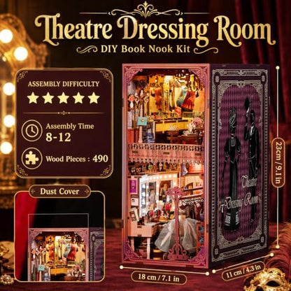 fifijoy Book Nook Kit - Theatre Dressing Room DIY Miniature House with LED Light, 3D Wooden Puzzle Book Nook Bookshelf Decor, Unique Gift for Family and Friends (with White Light) - Image 4