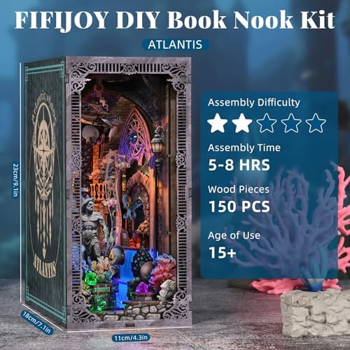 fifijoy Book Nook Kit - DIY Miniature Dollhouse for Adults and Teens, 3D Wooden Puzzle Booknook Bookshelf Insert Decor Bookend with LED Light, Creative Gifts for Family, Friends (Atlantis Underwater) - Image 4