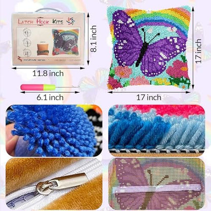 DIY Latch Hook Kit,17''x17'' Butterfly Rainbow Throw Pillow Case Craft Set Handmade Gift for Adults Beginners,Complete Pre-Printed Latch Hook Rug Kits Cross Stitch Pillow Cover for Home Sofa Decor - Image 3