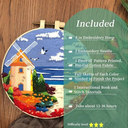 FONNUY Embroidery Kit for Beginners, Boho Nature Landscape Pre-Stamped Pattern Kits for Adults with Hoop, Easy to Follow Color Thread Needlework, 8'' Hoop (Beach House) - Image 2