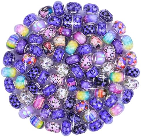Aipridy Large Hole European Beads, Craft Supplies Kit，Assorted Mixed Color Lampwork Spacer Beads for DIY Bracelet Jewelry Making (100, Purple) - Image 2