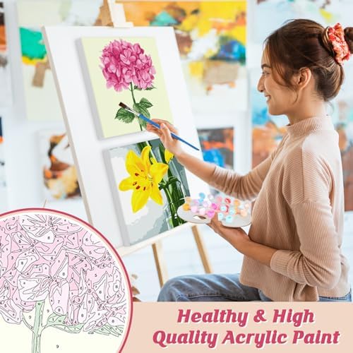 Genius maker Paint by Number for Adults Beginners, 4 Pack DIY Adult Paint by Number Kits on Canvas Framed, Flowers Color by Numbers Acrylic Oil Painting Number Kits Crafts for Home Wall Decor 8x8inch - Image 5