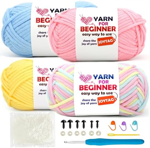 4 Pack Rainbow Beginner Crochet Yarn for Crocheting Knitting Multicolor Cotton Crochet Yarn for Beginners with Easy-to-See Stitches Cotton-Nylon Blend Easy Yarn for Beginners(Yellow Pink Blue) by JOYTAG
