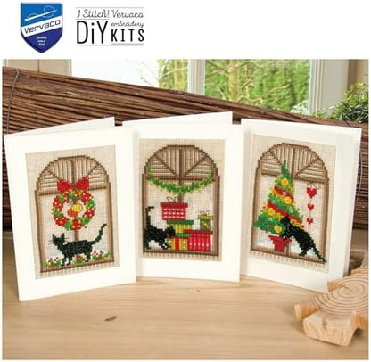 Vervaco Counted Cross Stitch Christmas Cards Kit Set of 3 Festive Feline Holiday Embroidery Kit for Beginners ca. 10,5 x 15 cm DIY Stationairy Set Gift for Crafters - Image 5