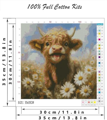 Stamped Cross Stitch Kits for Beginners Adults-Highland Cow,14x14in - Image 3