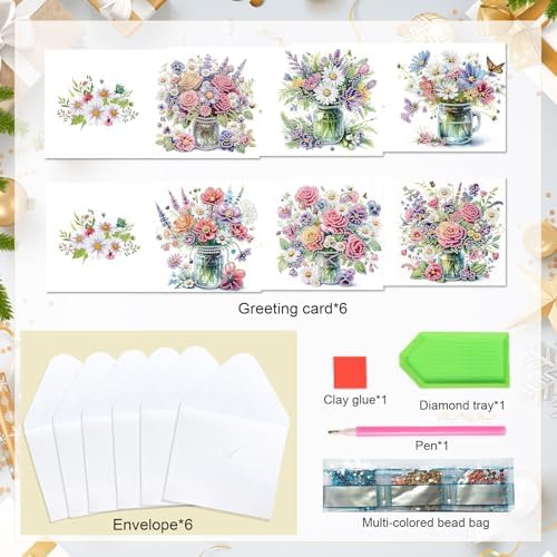 Tontut 6pcs Diamond Art Painting Greeting Card, Pretty Vase Beautiful Flowers 5D DIY Special Shape Diamond Painting Christmas Birthday Greeting Card Creative Gifts - Image 3