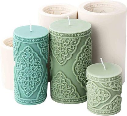 Grainrain 3D Lace Flower Column Silicone Candle Mold Decorated Pillar Candle Mould Handcrafted Silicone Molds for Candle Wax Resin Gyspum Crafts Making Middle Size(ZH026)