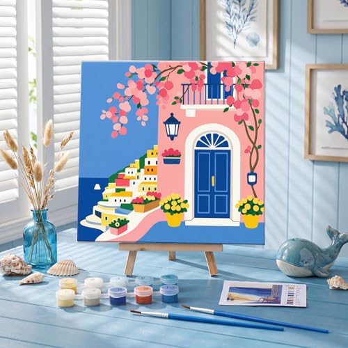 Nezyo 8 Sets 8 x 8 Inch Paint by Numbers Kit for Adult Beginners with Wooden Easels Acrylic Paint by Number Landscape Paintings Kits for DIY Party Home Decor Gift(Town) - Image 4