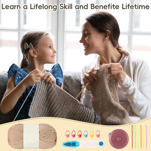 GliCraft Hat Knitting Kit for Beginners with Yarn Needles Pom,Beige - Image 5