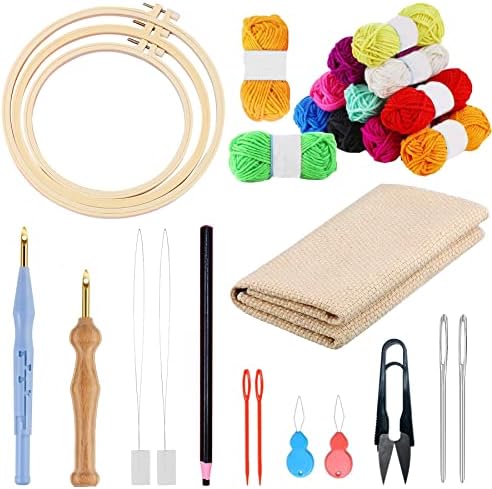 Allazone Embroidery Kit - 17 Pcs with 3 Plastic Hoops, 3 Punch Needles, 12 Colors, Big Eye Needles & Threaders by Allazone