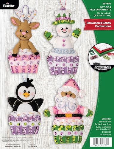Bucilla Felt Applique 4 Piece Ornament Making Kit, Snowman's Candy Confections, Perfect for DIY Arts and Crafts, 89730E by Bucilla