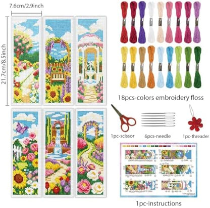INFUNLY 6 Set Colorful Garden DIY Cross Stitch Bookmark Kits for Adults Rose Sunflower Counted Cross Stitch Kit with Instruction Flowers Stamped Embroidery Bookmark Kit for Book Lovers Readers Gift - Image 2