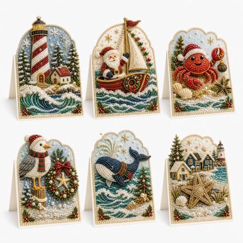 Diamond Art Christmas Cards 6 Pack, 5D DIY Gem Greeting Kits with Envelopes by Unknown