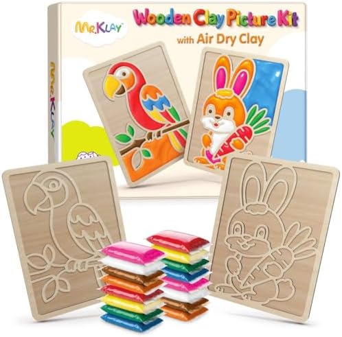 Air Dry Clay for Kids - Modeling Clay for Kids DIY Arts and Crafts Kit with 16 Soft Colored Magic Clay Bags & 2 Engraved Wooden Boards - Wooden Clay Picture Kit for Boys and Girls Ages 4-8 by Unknown