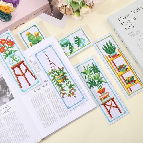 ORIGACH 6 Set Green Plants Cross Stitch Bookmark Kit for Beginner with Backing Felt Floss Instructions DIY Stamped Embroidery Bookmark Kit for Adults, Book Lovers - Image 5