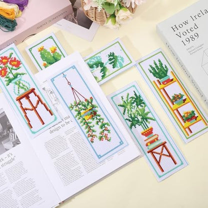 ORIGACH 6 Set Green Plants Cross Stitch Bookmark Kit for Beginner with Backing Felt Floss Instructions DIY Stamped Embroidery Bookmark Kit for Adults, Book Lovers - Image 5