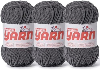 Plush Chunky Chenille Yarn for Crocheting Amigurumi, Soft Fluffy Velvet Yarn for Crocheting, Fuzzy Baby Blanket Knitting 300g/393yds Bulky（3 Dark Gray） by Sekafris