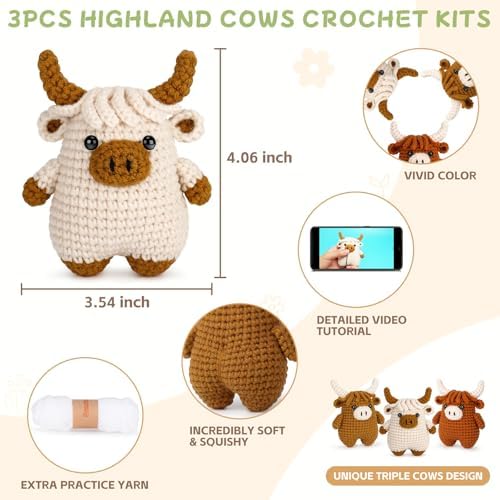 Fortuning's JDS Crochet Kit for Beginners - Crochet Highland Cow Beginner Crochet Kit for Adults, Complete Scottish Cow Crochet Animal Kits, Easy Crocheting Knitting Starter Kits Gifts - Image 2