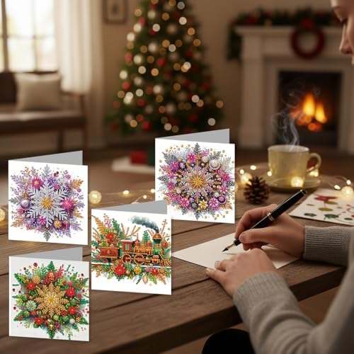jinglinhh 12pcs Diamond Art Painting Winter Snowflake Christmas Train Greeting Cards with Envelopes, DIY Card Making Kits for Adults, Diamond Art Christmas Cards for Holiday Gifts - Image 7