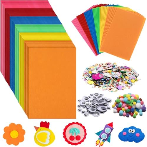42Pcs Colorful Felt Fabric Sheets 8 x 12 Inch Assorted Red Pink Blue Soft Thick Felt Pack with Wiggle Google Eyes Pom Poms Glitter Patchwork Craft Supply for DlY Sewing Creative Art Project Decor by gisgfim