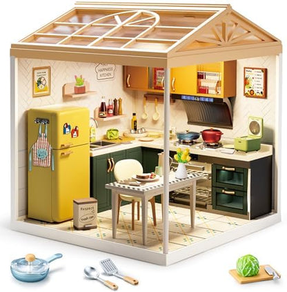 Modern Kitchen DIY Miniature House Kit with Roof & LED Light, Stackable & Connectable Dollhouse Kit with Dustproof Door, Creative DIY Crafts Building Toy Gift for Adults Teens by Unknown
