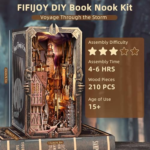 fifijoy DIY Viking Book Nook Kit, Miniature House Dollhouse Kit for Adult and Teens, Booknook Bookend Tiny House Model Build Bookshelf Insert Decor 3D Wooden Puzzle, Gifts for Family, Friends - Image 4