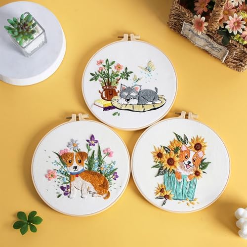 GLTAYLMY Dogs Embroidery Kit for Beginners with Pattern and Instructions,3 Pack Cross Stitch Kits,1 Plastic Embroidery Hoops,Threads and Needles,Needlepoint Kit for Adults - Image 5