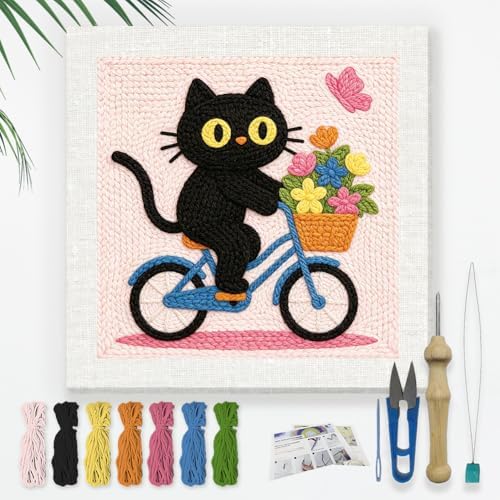 Doodlream Black Cat on Bike Needle Kit for Beginner, 9.4"x 9.4" Butterfly Flower Punch Stitching Craft Set, DIY Embroidery Starter with Printed Frame, Instruction, Threader, Yarn, Pinch Needle by Doodlream