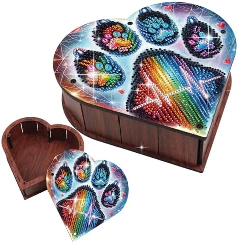 DIY Diamond Painting Storage Box Kit, Heart-Shaped Wooden Special Shaped Diamond Art Organizer for Small Accessories or Jewelry, Decorative Gift Case for Desktop Display (Rainbow Paw) by antor