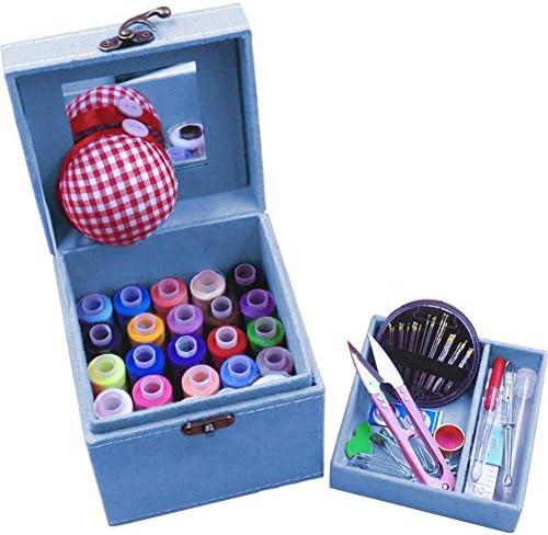 2 Layers Sewing Kits with Vintage Box Sewing Accessories Supplies Kits for Adults Kids Beginner Travel Sewing Basket Metal Handle Blue by TINTON+LIFE