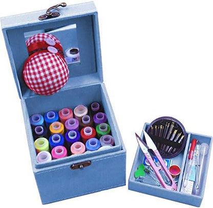 2 Layers Sewing Kits with Vintage Box Sewing Accessories Supplies Kits for Adults Kids Beginner Travel Sewing Basket Metal Handle Blue by TINTON+LIFE