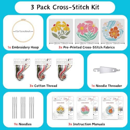 3 Pack Flower Stamped Cross Stitch Kits for Beginners,with Hoop 6x6 inch - Image 3