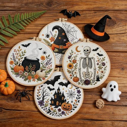 Halloween Embroidery Kit, Skeleton Cross Stitch Kits, 4 Set Craft Kits for Beginners with Pre-Printed Embroidery Fabric, Hoops, Step-by-Step Instructions, Color Threads & Needles (Halloween-4 Set) - Image 5