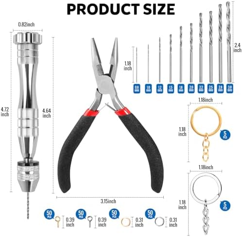 LEOBRO Hand Drill, 222 PCS Pin Vise Hand Drill with Drill Bits(0.8 mm-3 mm), Needle Nose Pliers, Keychain Making Kit, Jewelry Making Supplies, Hand Drill Tools for Jewelry Keychains Making - Image 3