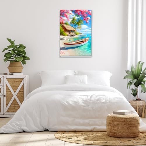 Bowetile Framed Landscape Paint by Numbers Kit for Adults, Adults' Paint-by-Number Kits on Canvas, Painting by Numbers Seaside, Acrylic Boat Number Painting for Home Wall Decor, 8x12in - Image 4