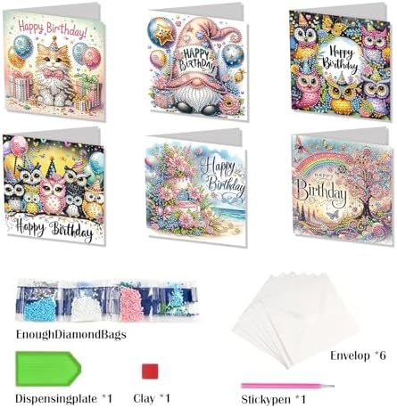 6 Pack DIY Diamond Art Painting Greeting Card Kit Happy Birthday, 5D Diamond Art Christmas Birthday Holiday Foldable Thank You Cards Blessing Greeting Card, Crafts Kit Creative with Envelope - Image 4