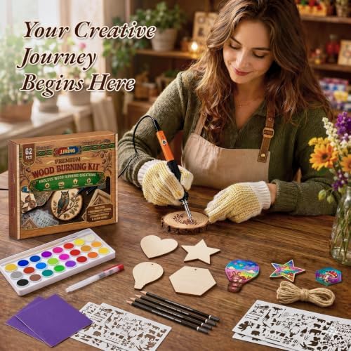 JJRING Wood Burning Kit - 62PCS Professional Wood Burning Tool With Adjustable Temperature Pyrography Pen, 24-Color Paint Set, Wood Slices & Stencils, Complete Wood burner Crafts Kit For Beginners - Image 3