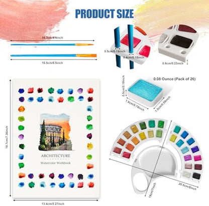 Watercolor Workbook, Water Coloring Book with 13 Pages 300GSM Paper, 26 Colors Watercolor Paint Set with Brush & Storage Bag, Beginner-Friendly Coloring Book for Adults，Architecture Theme - Image 6