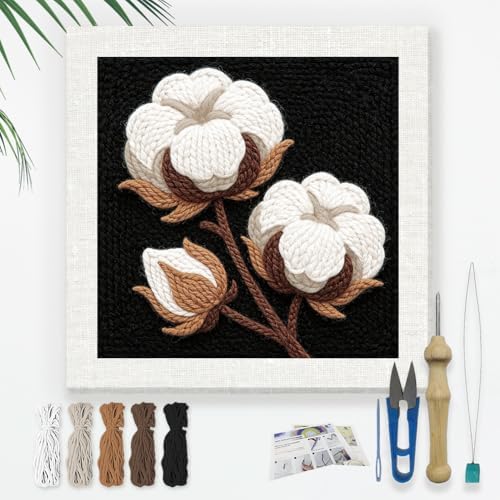 Doodlream Cotton Flower Needle Kit for Beginner, 9.4"x 9.4" Rustic Plant Punch Stitching Craft Set, DIY Embroidery Starter with Printed Frame, Instruction, Threader, Yarn, Pinch Needle by Doodlream