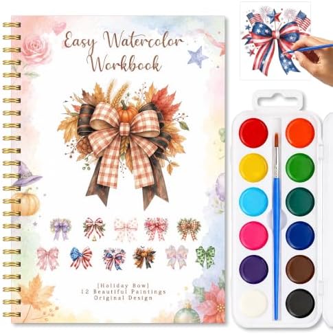 Holiday Bow Watercolor Workbook for Beginner, Watercolor Book with 12 Pretty Holiday Bow Pumpkin Halloween Christmas Patterns, Water Coloring Book Set with Palette and Brush, Christmas Gift for Girls by Unknown