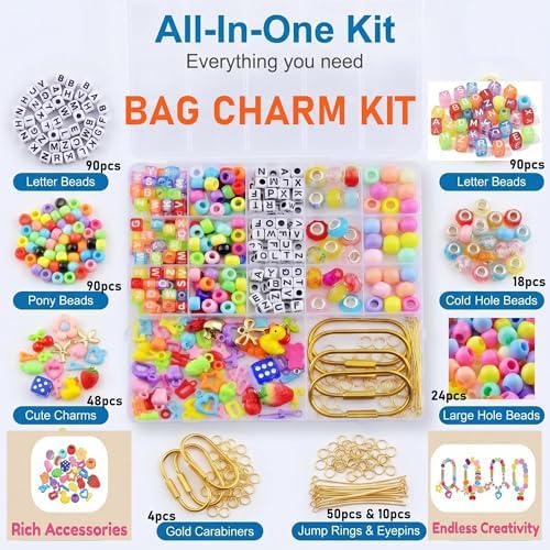 Cmidy Bag Charm Kit DIY Keychain Carabiner Bag Charm Making Kit Supplies Custom Beaded Keychain Purse Charms Kits Set Including Large Hole Beads Acrylic Charms Gold Carabiner Clip (Multicolor) - Image 3