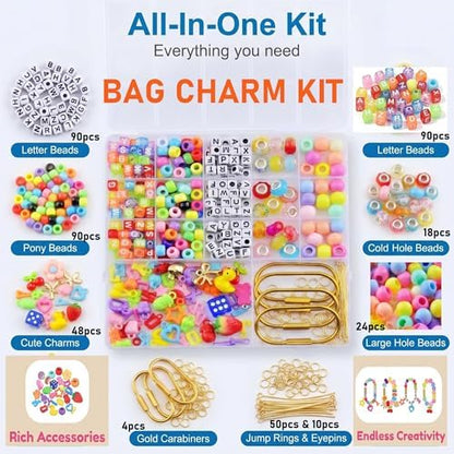 Cmidy Bag Charm Kit DIY Keychain Carabiner Bag Charm Making Kit Supplies Custom Beaded Keychain Purse Charms Kits Set Including Large Hole Beads Acrylic Charms Gold Carabiner Clip (Multicolor) - Image 3