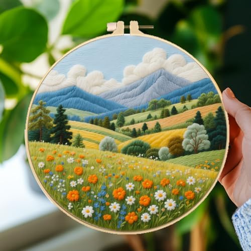 BEUNITONE 4 Set Fairy Tale Landscape Embroidery Kit for Beginners 7.9"x7.9" Pre-Stamped Pattern Needlepoint Kits with Hoop, Tools & Instruction, Handamde Embroidery Kits for Fabric and Home Decor - Image 5