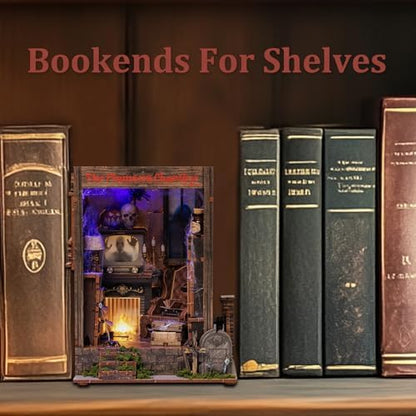 Book Nook Kit,DIY 3D Wooden Miniature Dollhouse Kit Gifts for Adults,The Phantom Chamber Haunted House Booknook with LED Light - Image 5